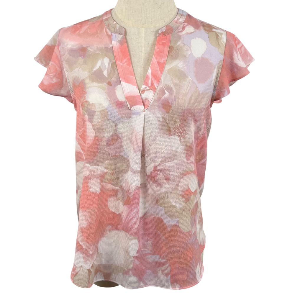 Calvin Klein S Blouse‎ Floral Split V Neck Flutter Sleeve Garden Party Feminine